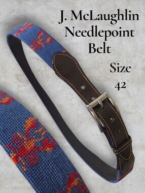 VTG J. McLaughlin Men's Crab Needlepoint Belt Size 42 Blue Orange GUC Preppy